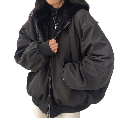 Boapond Damen Winterjacke Damen Warmer Winter Wendejacke Kurzmantel mit Fellkapuze Fleece Gefütterter Doppelseitige Winterparka Damen Wintermantel Jacke Outdoorjacke von Boapond