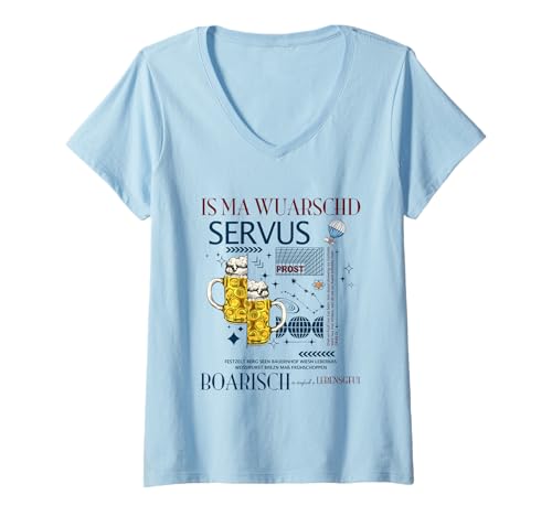 Damen is ma Wurschd Bayrisch Servus Maß Bier Prost Tracht Spruch T-Shirt mit V-Ausschnitt von Boarisch Tracht Lederhose Bayrisch Wurst Herren