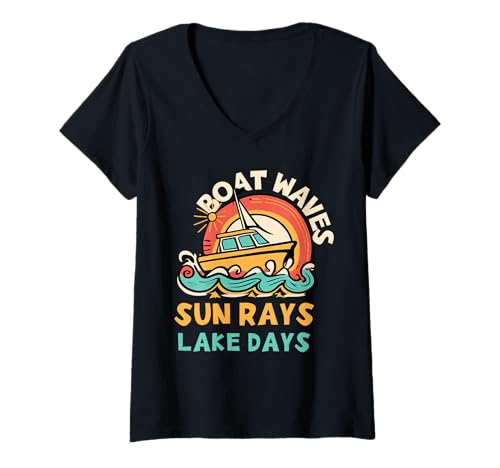 Damen Boot Waves Sun Rays Lake Days, Funny Summer Beach Vacation T-Shirt mit V-Ausschnitt Damen Boot Waves Sun Rays Lake Days, Funny Summer Beach Vacation T-Shirt mit V-Ausschnitt von Boat Waves Sun Rays Lake Days Adventure Vibes