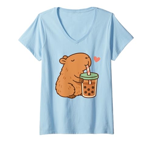 Damen Mädchen Capybara Boba Cute T-Shirt mit V-Ausschnitt von Boba Capybara