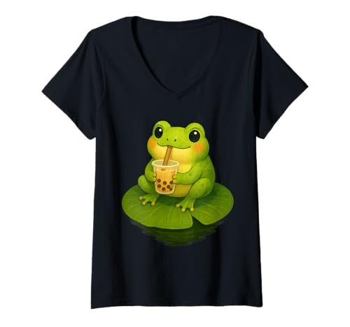 Damen Niedlicher Frosch trinkt Bubble Tea Kunstwerk T-Shirt mit V-Ausschnitt Damen Niedlicher Frosch trinkt Bubble Tea Kunstwerk T-Shirt mit V-Ausschnitt von Boba Frogs