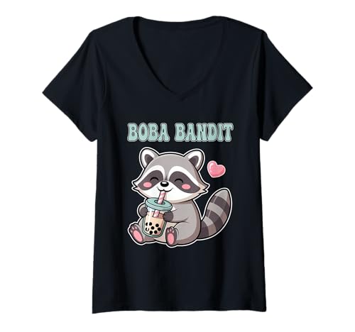 Damen Boba Bandit Kawaii Bubble Tea Waschbär Milchtee Japanisch T-Shirt mit V-Ausschnitt Damen Boba Bandit Kawaii Bubble Tea Waschbär Milchtee Japanisch T-Shirt mit V-Ausschnitt von Boba Lover Bubble Tea Kawaii Apparel