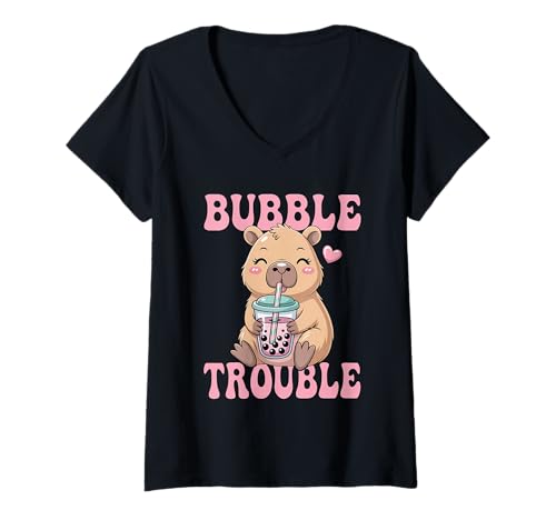 Damen Boba Tea Capybara Milchtee Bubble Trouble Kawaii Japanisch T-Shirt mit V-Ausschnitt Damen Boba Tea Capybara Milchtee Bubble Trouble Kawaii Japanisch T-Shirt mit V-Ausschnitt von Boba Lover Bubble Tea Kawaii Apparel