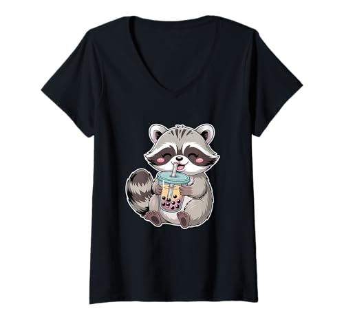 Damen Boba Tea Kawaii Waschbär Cute Bubble Milk Tea Design T-Shirt mit V-Ausschnitt Damen Boba Tea Kawaii Waschbär Cute Bubble Milk Tea Design T-Shirt mit V-Ausschnitt von Boba Lover Bubble Tea Kawaii Apparel