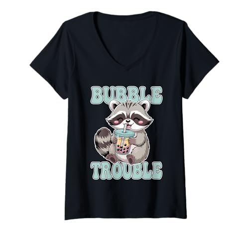 Damen Boba Tea Waschbär Milchtee Bubble Trouble Kawaii Japanisch T-Shirt mit V-Ausschnitt Damen Boba Tea Waschbär Milchtee Bubble Trouble Kawaii Japanisch T-Shirt mit V-Ausschnitt von Boba Lover Bubble Tea Kawaii Apparel