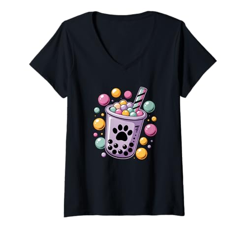 Damen Bubble Milk Tea Kawaii Boba Tea Puppy, süßes Design T-Shirt mit V-Ausschnitt von Boba Lover Bubble Tea Kawaii Apparel