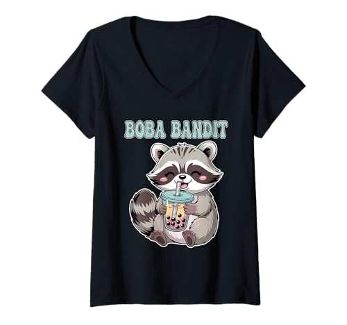 Damen Bubble Tea Waschbär Milchtee Boba Bandit Kawaii Japanisch T-Shirt mit V-Ausschnitt Damen Bubble Tea Waschbär Milchtee Boba Bandit Kawaii Japanisch T-Shirt mit V-Ausschnitt von Boba Lover Bubble Tea Kawaii Apparel
