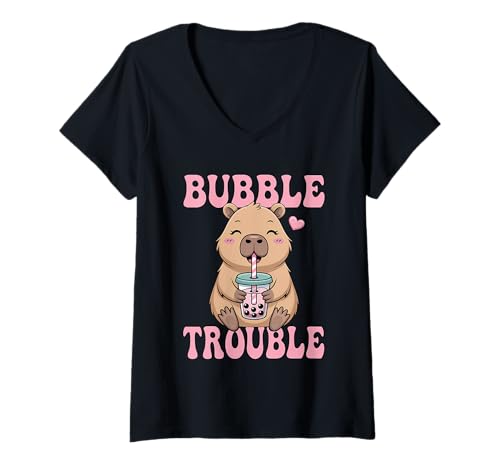 Damen Bubble Trouble Kawaii Boba Tea Capybara Milchtee Japanisch T-Shirt mit V-Ausschnitt Damen Bubble Trouble Kawaii Boba Tea Capybara Milchtee Japanisch T-Shirt mit V-Ausschnitt von Boba Lover Bubble Tea Kawaii Apparel