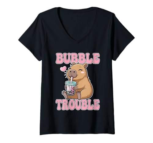 Damen Kawaii Boba Tea Capybara Bubble Trouble Milchtee Japanisch T-Shirt mit V-Ausschnitt Damen Kawaii Boba Tea Capybara Bubble Trouble Milchtee Japanisch T-Shirt mit V-Ausschnitt von Boba Lover Bubble Tea Kawaii Apparel
