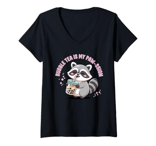 Damen Kawaii Boba Tea Waschbär Bubble Tea is My Pawssion T-Shirt mit V-Ausschnitt Damen Kawaii Boba Tea Waschbär Bubble Tea is My Pawssion T-Shirt mit V-Ausschnitt von Boba Lover Bubble Tea Kawaii Apparel