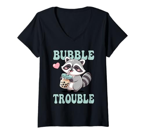 Damen Kawaii Boba Tea Waschbär Bubble Trouble Milchtee Japanisch T-Shirt mit V-Ausschnitt Damen Kawaii Boba Tea Waschbär Bubble Trouble Milchtee Japanisch T-Shirt mit V-Ausschnitt von Boba Lover Bubble Tea Kawaii Apparel