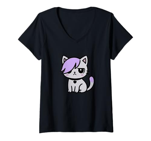 Damen Kawaii Emo-Katze, Violettes Haar, niedliches Pastell-Gothic-Kätzchen T-Shirt mit V-Ausschnitt Damen Kawaii Emo-Katze, Violettes Haar, niedliches Pastell-Gothic-Kätzchen T-Shirt mit V-Ausschnitt von Boba Paws Collective