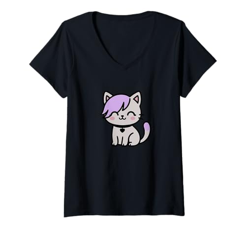 Damen Kawaii Emo-Katze, Violettes Haar, niedliches Pastell-Gothic-Kätzchen T-Shirt mit V-Ausschnitt Damen Kawaii Emo-Katze, Violettes Haar, niedliches Pastell-Gothic-Kätzchen T-Shirt mit V-Ausschnitt von Boba Paws Collective