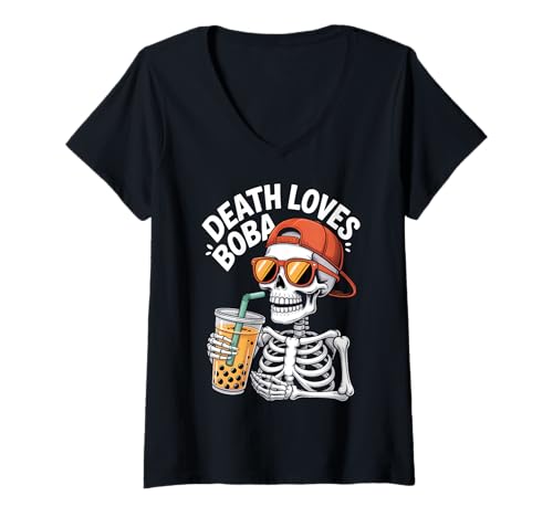 Damen Lustiges Halloween-Skelett-Boba-Teekostüm T-Shirt mit V-Ausschnitt Damen Lustiges Halloween-Skelett-Boba-Teekostüm T-Shirt mit V-Ausschnitt von Boba Tea Skeleton Halloween Costumes