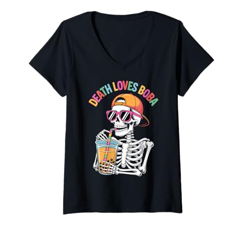 Damen Lustiges Halloween-Skelett-Boba-Teekostüm T-Shirt mit V-Ausschnitt Damen Lustiges Halloween-Skelett-Boba-Teekostüm T-Shirt mit V-Ausschnitt von Boba Tea Spooky Humor Skeleton Halloween Costumes