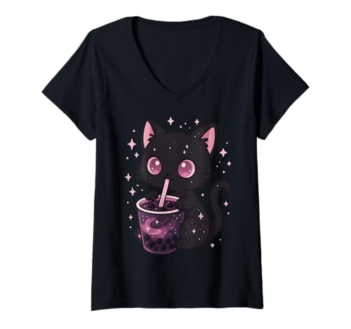 Damen Schwarze Katze Trinkt Boba Goth Bubble Tea Niedlich T-Shirt mit V-Ausschnitt Damen Schwarze Katze Trinkt Boba Goth Bubble Tea Niedlich T-Shirt mit V-Ausschnitt von Boba tee Katze Gothic ästhetik Alternative