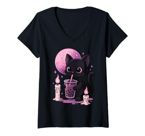 Damen Schwarze Katze Trinkt Boba Goth Bubble Tea Niedlich T-Shirt mit V-Ausschnitt Damen Schwarze Katze Trinkt Boba Goth Bubble Tea Niedlich T-Shirt mit V-Ausschnitt von Boba tee Katze Gothic ästhetik Alternative