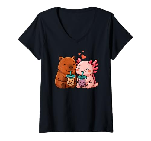 Damen Lustiges Capybara Axolotl Boba Tea Animal Lover BFF Valentines T-Shirt mit V-Ausschnitt von BobaTeaAxis1