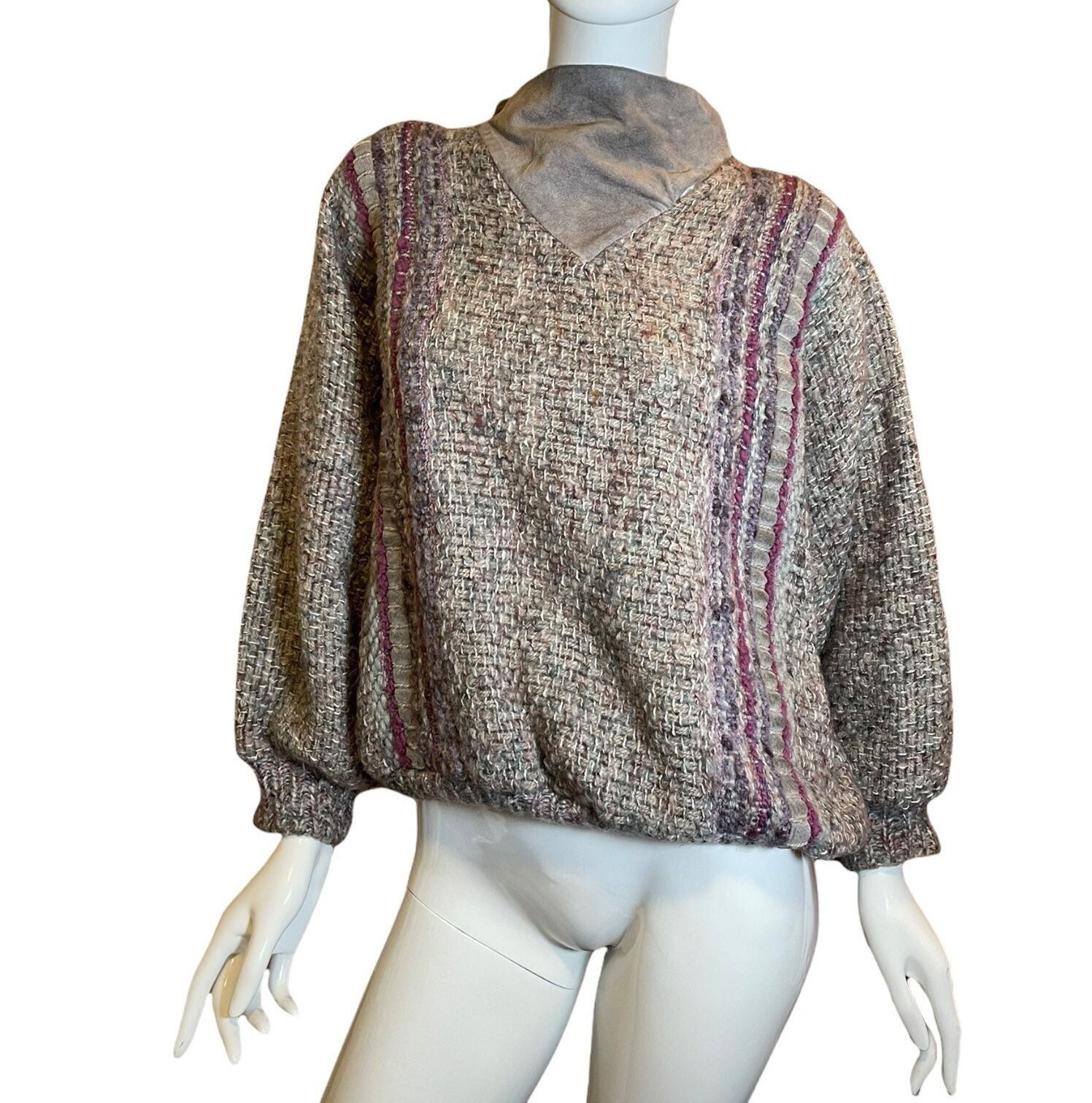 Handgewebter Wildleder-Mohair-Heathered-Streifenpullover-80Er Jahre Handgefertigter Streifen-Ballon-Ärmelpullover-Handgestrickter Handgewebter Wildleder-Mohair-Heathered-Streifenpullover-80Er Jahre Handgefertigter Streifen-Ballon-Ärmelpullover-Handgestrickter von BobbieDarynVintage
