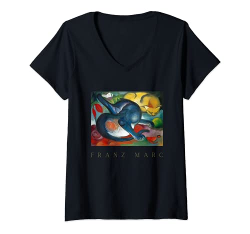Damen Zwei Katzen, blauer und gelber Franz Marc T-Shirt mit V-Ausschnitt von Bobby C. Fine Art