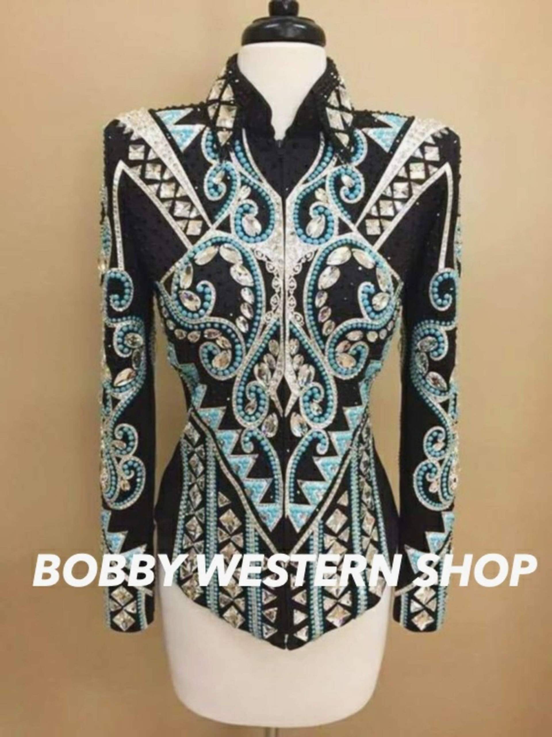 Heißer Verkauf Türkis Und Silber Mit Schwarzer Basis Show Jacke Rodeo Königin Kleid Reiten Showmanship Sportsmanship Horsemanship Pleasure von BobbyWesternShop