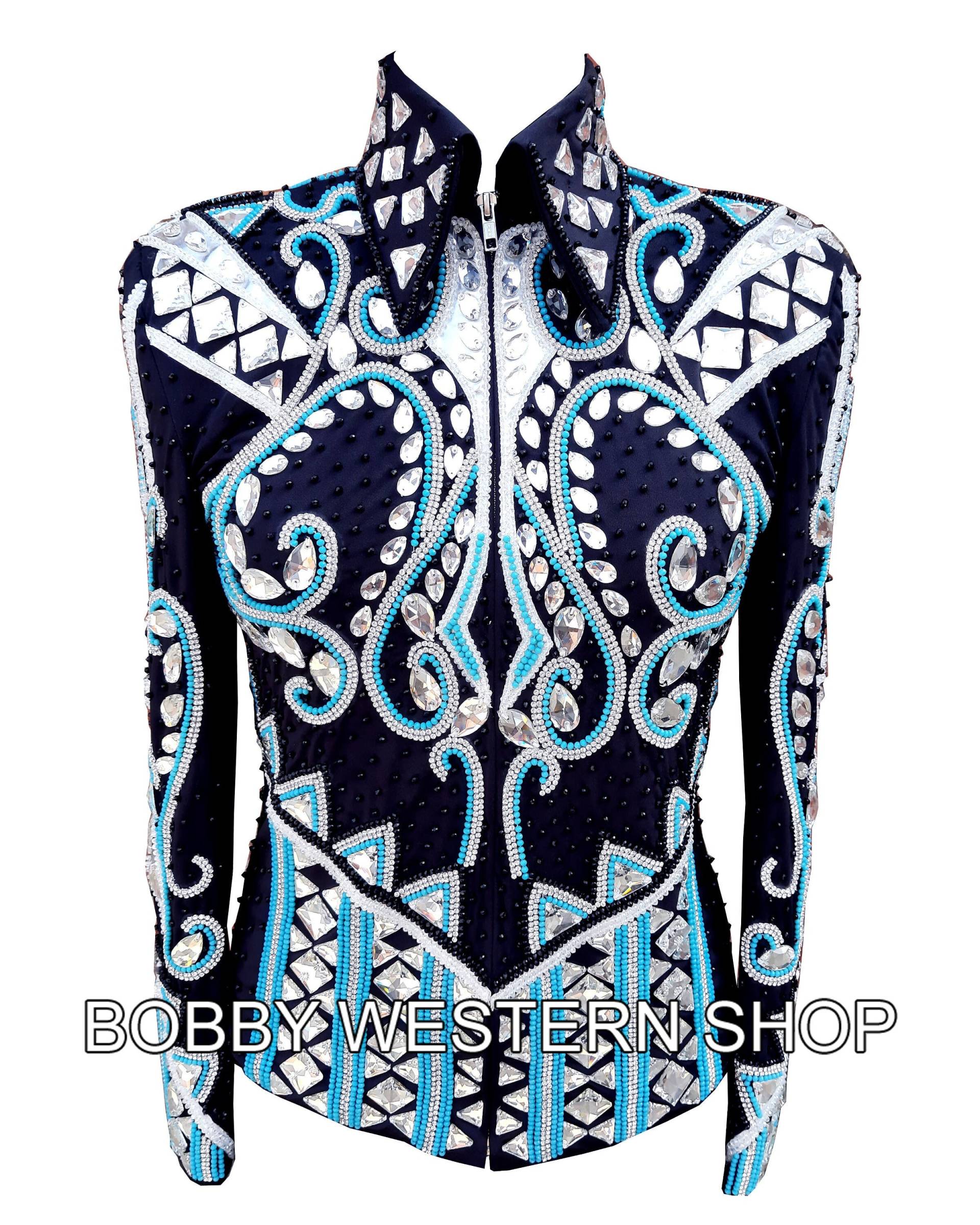 Meistverkaufte Meerblau Und Silber Mit Schwarzer Basis Show Jacke Rodeo Königin Kleid Reitjacke Showmanship Horsemanship Reitsport von BobbyWesternShop