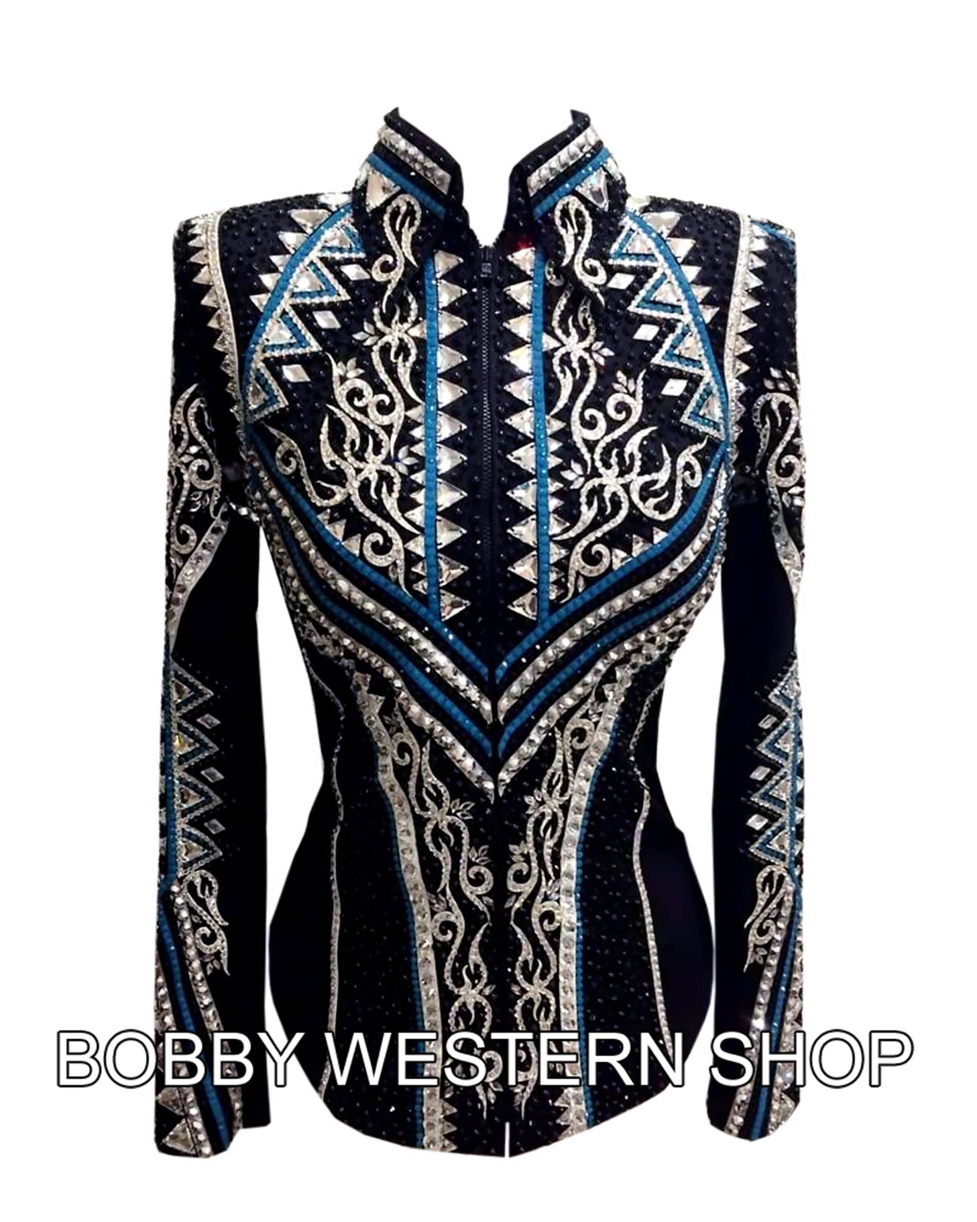 Neueste 2022 Blau Und Grau Mit Schwarzer Basis Show Jacke Rodeoqueen Dress Reiten Showmanship Sportsmanship Horsemanship Pleasure von BobbyWesternShop