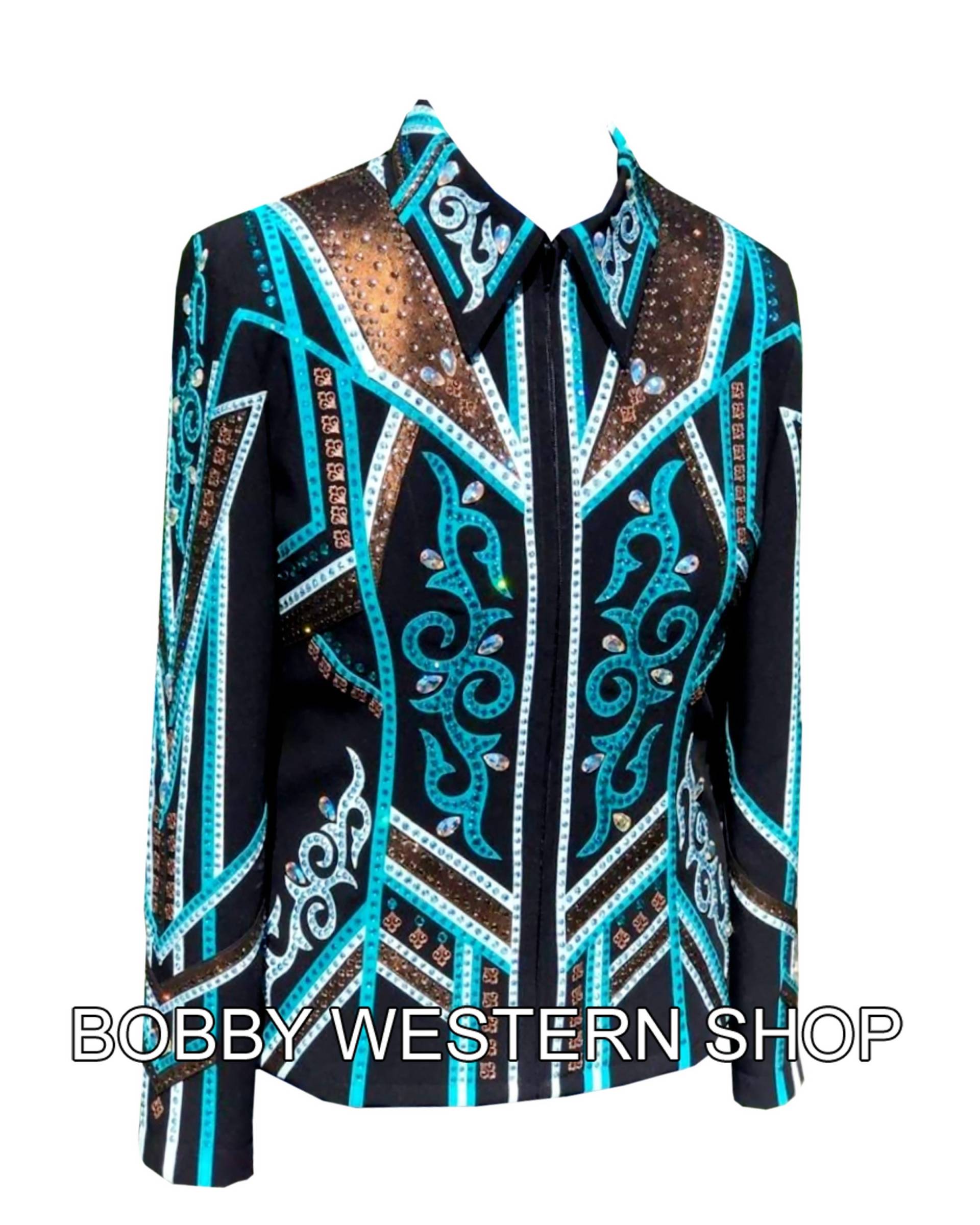 Neueste 2022 Türkis Und Kupfer Mit Schwarzer Basis Show Jacke Rodeo Königin Kleid Reiten Showmanship Sportsmanship Horsemanship Pleasure von BobbyWesternShop