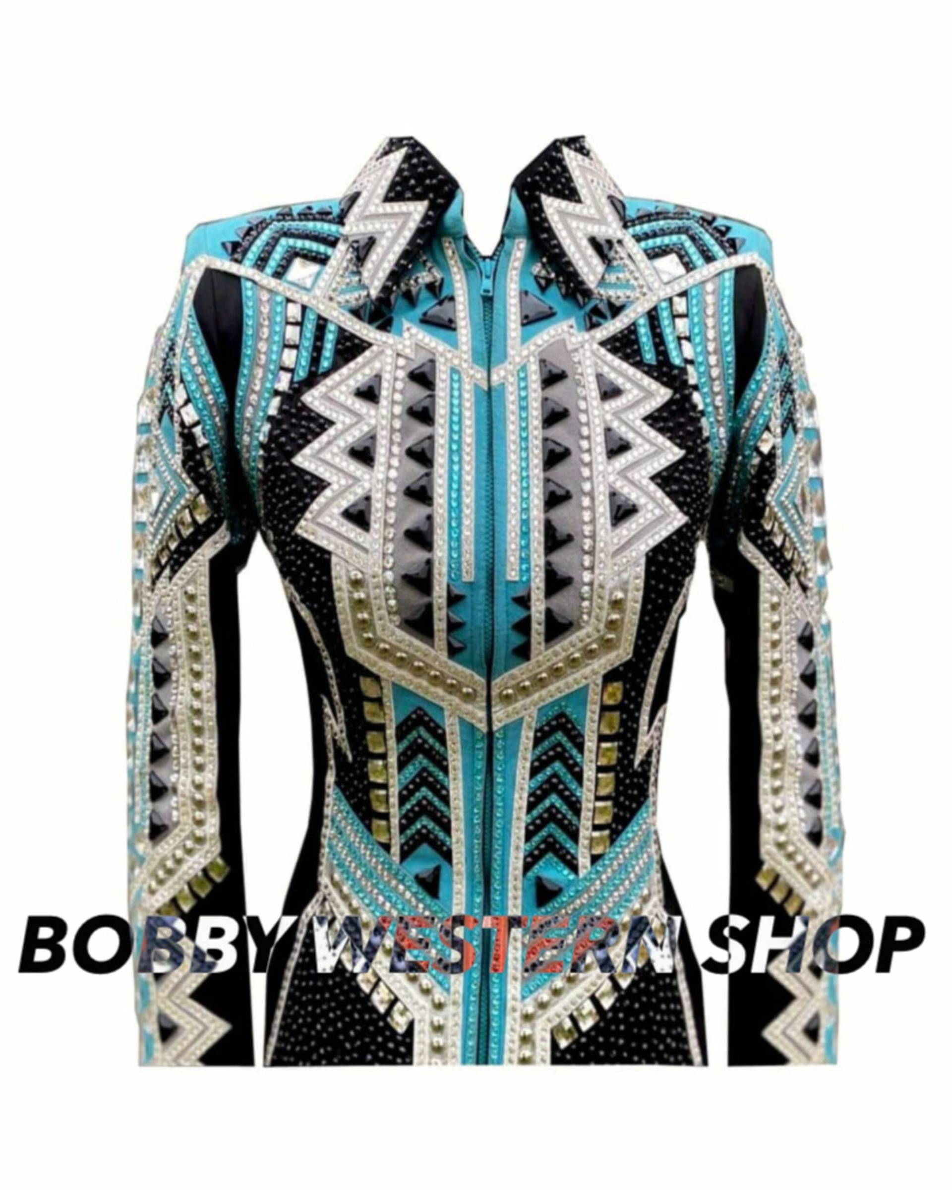 Western Show Jacke Nach Maß Meerblau Und Schwarz Mit Schwarzer Basis Rodeoqueen Dress Reitjacke Showmanship Horsemanship Pferdesport von BobbyWesternShop