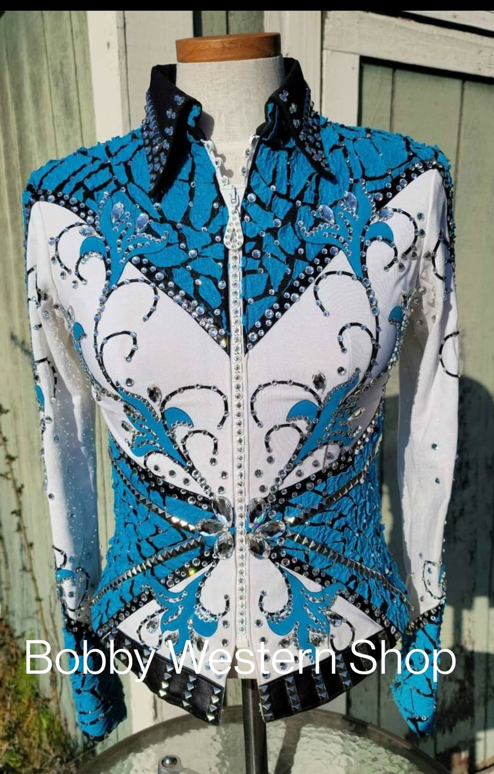 Western-Turnierjacke Blau Und Weiß Mit Schwarzer Basis Antikes Rodeo-Queenkleid Reiten Showmanship Sportsmanship Horsemanship-Vergnügen von BobbyWesternShop