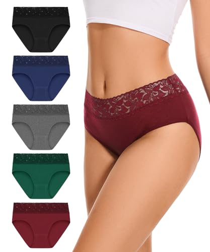 Unterhosen Damen 5er Pack, Hipster Baumwolle Unterwäsche Frauen Mittlere Taille Spitze Weich Atmugsaktiv Slip Stretch Pantis(S-XL) (DE/NL/SE/PL, Alphanumerisch, XXL, Regular, Regular, Multicolor01) von Bobelle Wear
