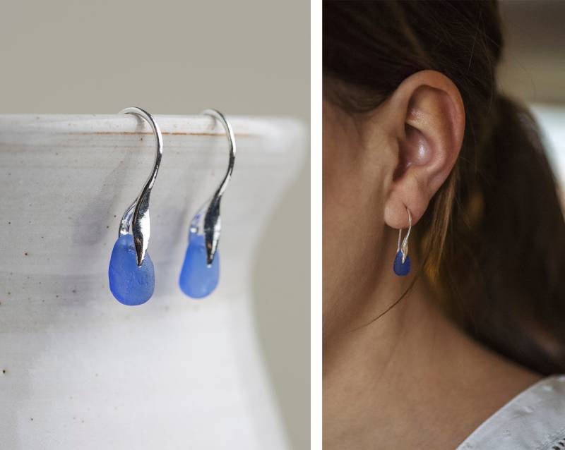Edle Blaue Seeglas Ohrringe, 925 Sterling Silber von BobineStudio