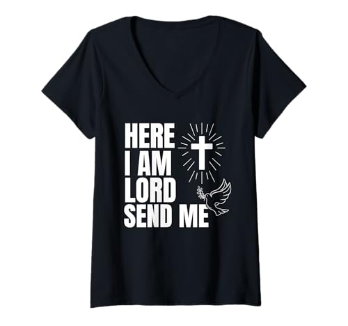 Damen Christian Inspirational Hier Bin ich Herr Schick Mich Christian T-Shirt mit V-Ausschnitt Damen Christian Inspirational Hier Bin ich Herr Schick Mich Christian T-Shirt mit V-Ausschnitt von Bobitex Design
