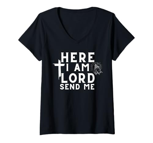 Damen Hier Bin ich Herr Schick Mir Christian Print T-Shirt mit V-Ausschnitt Damen Hier Bin ich Herr Schick Mir Christian Print T-Shirt mit V-Ausschnitt von Bobitex Design