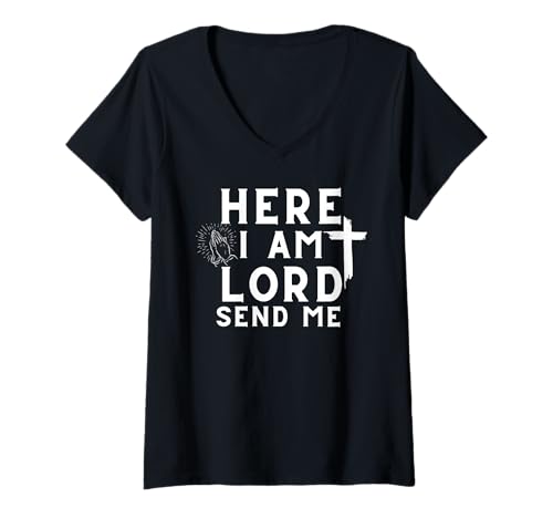 Damen Hier Bin ich Herr Schick Mir Christian Print T-Shirt mit V-Ausschnitt Damen Hier Bin ich Herr Schick Mir Christian Print T-Shirt mit V-Ausschnitt von Bobitex Design