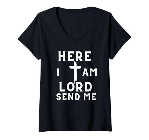 Damen Hier Bin ich Herr Schick Mir Christian Print T-Shirt mit V-Ausschnitt Damen Hier Bin ich Herr Schick Mir Christian Print T-Shirt mit V-Ausschnitt von Bobitex Design