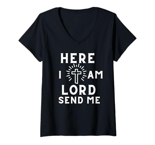Damen Hier Bin ich Herr Send Me Print Christian T-Shirt mit V-Ausschnitt Damen Hier Bin ich Herr Send Me Print Christian T-Shirt mit V-Ausschnitt von Bobitex Design