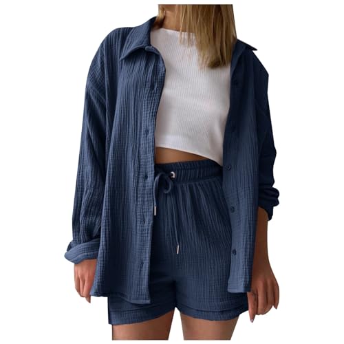 Boboar Musselin Zweiteiler Damen Sommer Outfit Musselin Bluse und Shorts 2 Teiler Kleidung Elegant Strand Urlaub Lounge Damen Set Bluse und Shorts Two Piece Set Women von Boboar