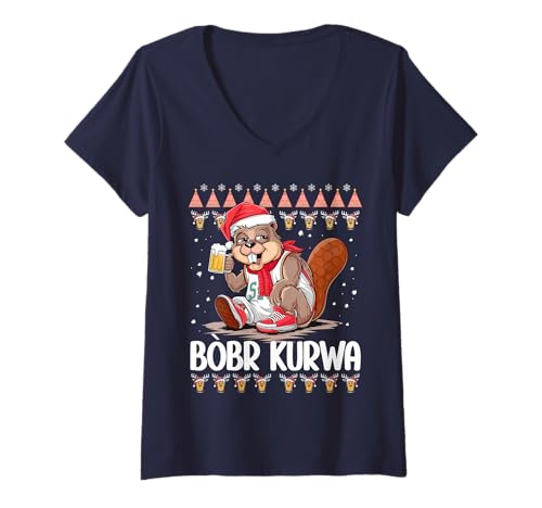 Damen Bòbr Kurwa Weihnachtspulli Polnisch Bier Bobr Kurwa T-Shirt mit V-Ausschnitt von Bobr Kurwa Polska Beer Bòbr Kurwa Xmas Bober Co.