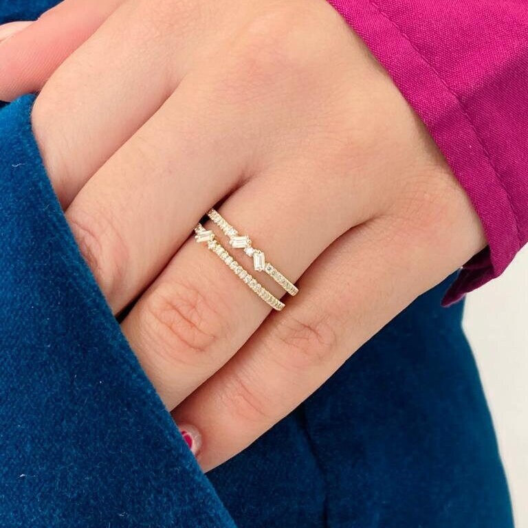 Doppelter Schaft Diamant Ring/Doppel Baguette Band Pave Ehering Unikat 14K 18K Gold Stapelbarer von BocajNarima