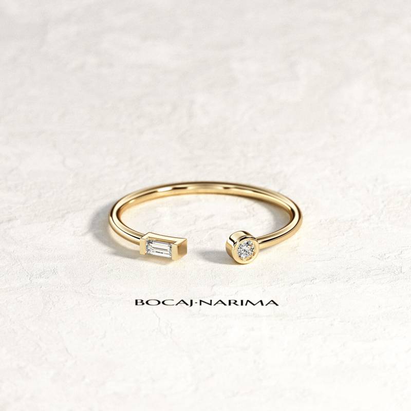Manschetten-Diamant-Ring/Baguette Und Runder Ring Offener Diamant-Ring 14K, 18K Gelbgold Manschetten-Ring Midi-Diamant-Ring von BocajNarima