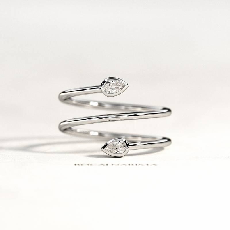 Zwei Stein Pear Cut Diamanten Ring/Lünette Diamant Spiral Ehering Weißgold Wrap 2 von BocajNarima