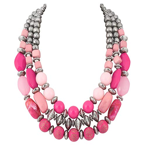 Bocar Boho 3 Layer Chunky Statement Perlenkette Mode Vintage Multilayer Frauen Kragen Halskette (NK-10625-Fuchsia Rose) von Bocar