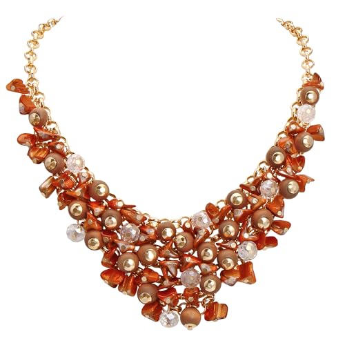 Statement-Halskette aus Holz mit Kristallen, mehrreihig, Damen-Schmuck (NK-10692-Orange Rost) von Bocar