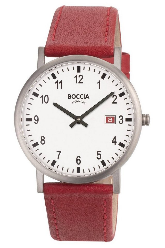 Boccia Quarzuhr Titan mit Lederband Rot von Boccia