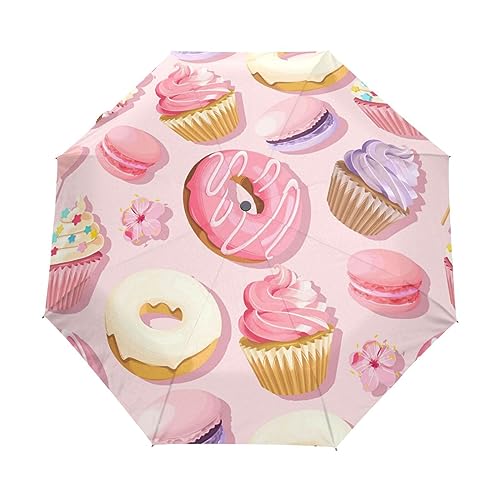 Boccsty Cupcakes Donuts Rosa Automatischer Regenschirm Winddicht Wasserdicht UV-Schutz Reiseschirm - 3 Falten Auto Öffnen/Schließen Knopf Sonne & Regen Auto Regenschirm, mehrfarbig, Einheitsgröße von Boccsty