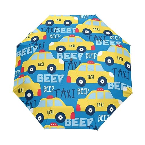 Boccsty Gelber Taxi Auto Automatik Regenschirm Winddicht Wasserdicht UV-Schutz Reise Regenschirm - 3 Falten Auto Öffnen/Schließen Knopf Sonne & Regen Auto Regenschirm, mehrfarbig, Einheitsgröße von Boccsty