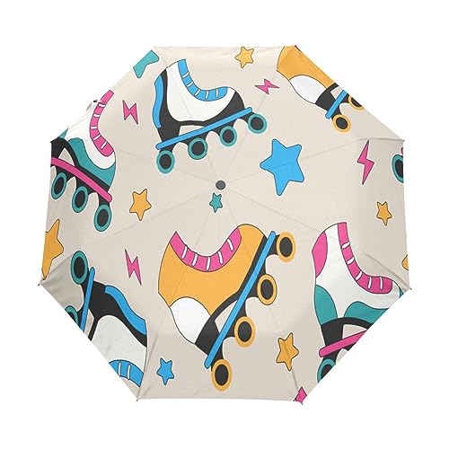 Boccsty Retro Rollschuhe Automatischer Regenschirm Winddicht Wasserdicht UV-Schutz Reiseschirm - 3 Falten Auto Öffnen/Schließen Knopf Sonne & Regen Auto Regenschirm, mehrfarbig, Einheitsgröße von Boccsty