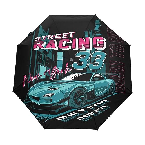 Boccsty Street Racing New York Automatischer Regenschirm Speed Race Auto Winddicht Wasserdicht UV-Schutz Reiseschirm - 3 Falten Auto Öffnen/Schließen Knopf Sonne & Regen Auto Regenschirm, mehrfarbig, von Boccsty