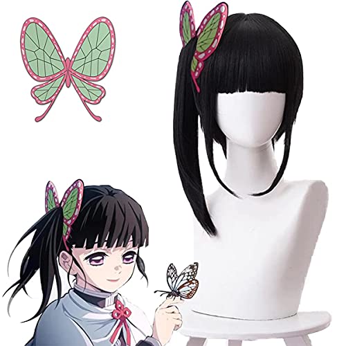 Boccte Demon Slayer Cosplay Perücke Tsuyuri Kanao Perücke mit Schmetterling Clip Kimetsu no Yaiba Kostüm Perücke schwarz Perücken für Anime Fans von Boccte